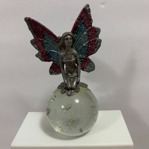 Pewter Fairy On Glass Ball Paperweight Decor - Picture 2 of 7